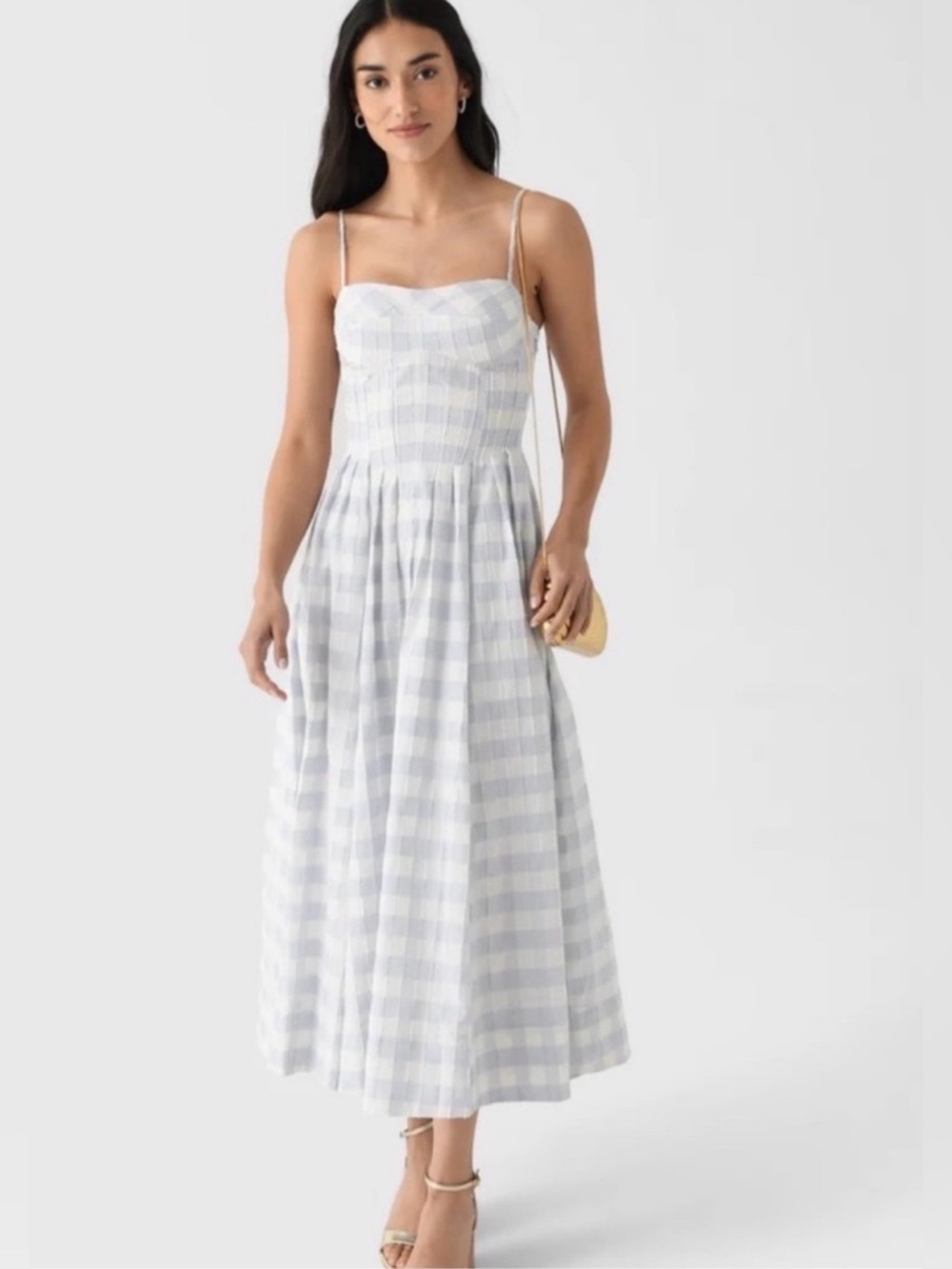 NWT Caroline Constas Blue/White Check Plaid Pleated Maxi Dress